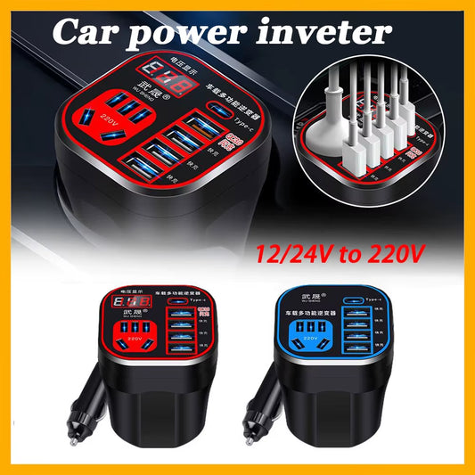 Car Power Inverter 24V 12V 220V 120W Led Display 3 Car Mounted Cup Type Inverter Converter QC Charger Pocket Inverter
